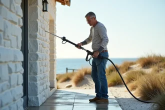 Homme utilisant un nettoyeur haute pression sur façade blanche