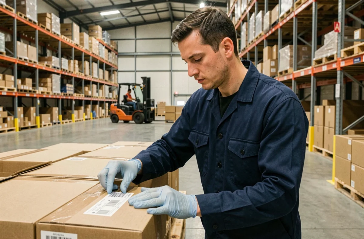 Employé de logistique scannant des codes-barres sur des cartons dans un entrepôt illustrant la chaîne d'approvisionnement mondiale