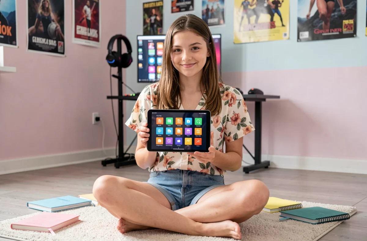 Adolescente organisant ses fichiers de mods et CC pour Sims 4 sur une tablette dans sa chambre