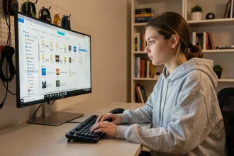 Jeune femme organisant des dossiers de mods Sims 4 sur son ordinateur dans un bureau home office ordonné