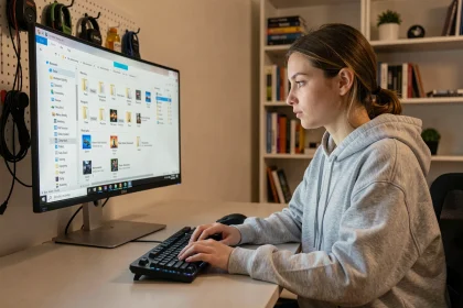 Jeune femme organisant des dossiers de mods Sims 4 sur son ordinateur dans un bureau home office ordonné