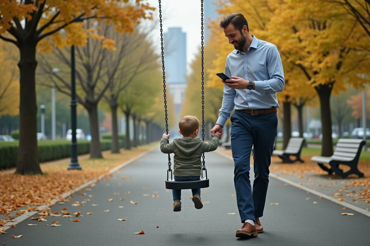 Père poussant son enfant sur une balançoire dans un parc