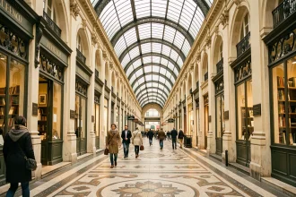 Vue en perspective du Passage Vivienne à Paris avec ses arcades en verre, son sol en mosaïque et ses boutiques historiques