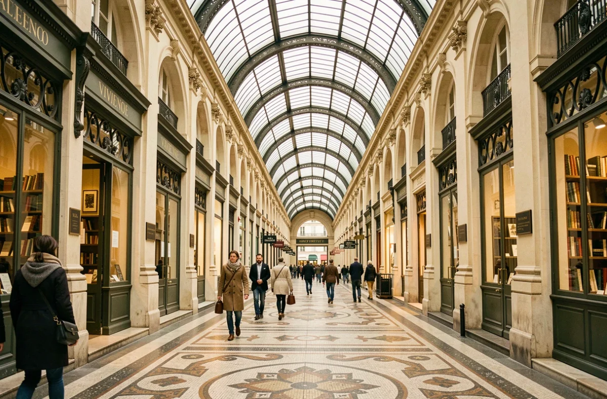 Vue en perspective du Passage Vivienne à Paris avec ses arcades en verre, son sol en mosaïque et ses boutiques historiques