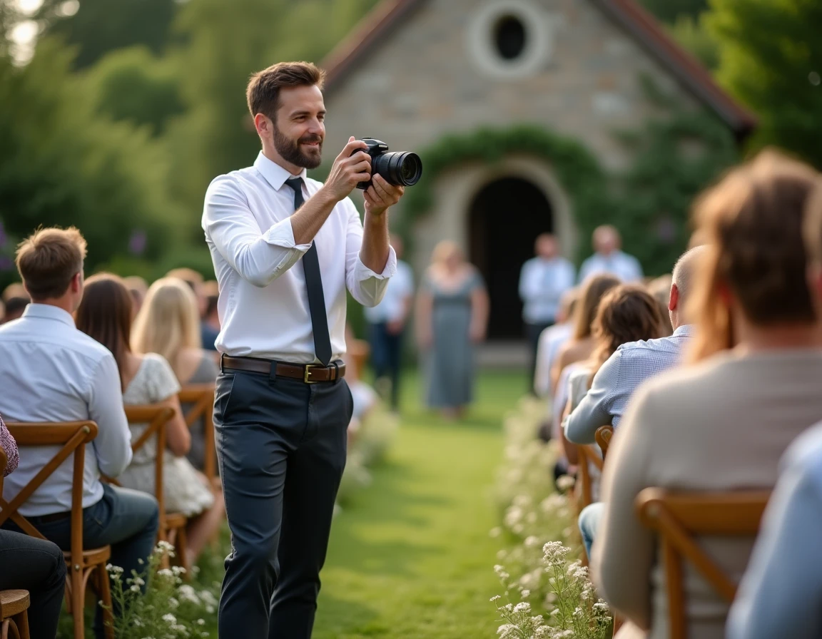 Patrick Secco photographiste capturant un moment de mariage en reportage lors d'une cérémonie en plein air en Moselle