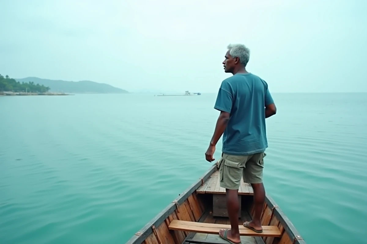 Pêcheur mahorais sur une pirogue traditionnelle regardant vers une île voisine à l'horizon dans l'océan Indien