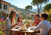 Famille profitant du petit déjeuner en terrasse ensoleillée à Le GrauduRoi