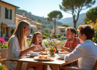 Découvrir le charme d’un village de vacances au Grau-du-Roi Famille profitant du petit déjeuner en terrasse ensoleillée à Le GrauduRoi