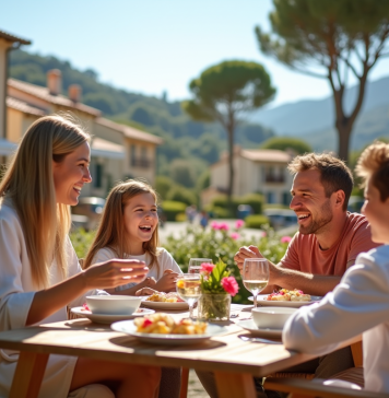 Famille profitant du petit déjeuner en terrasse ensoleillée à Le GrauduRoi