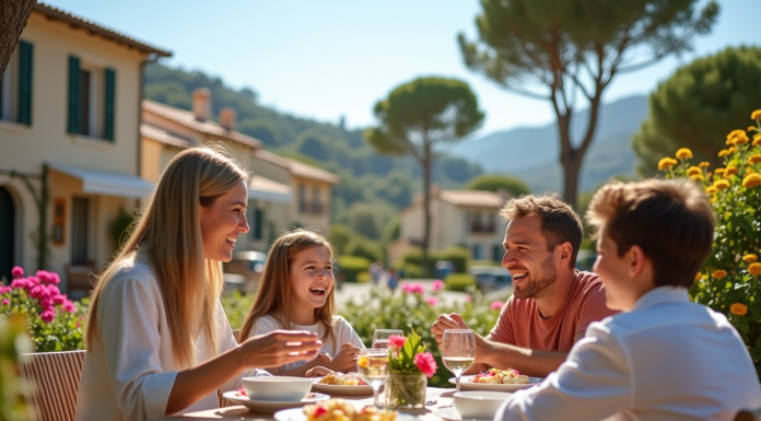 Famille profitant du petit déjeuner en terrasse ensoleillée à Le GrauduRoi