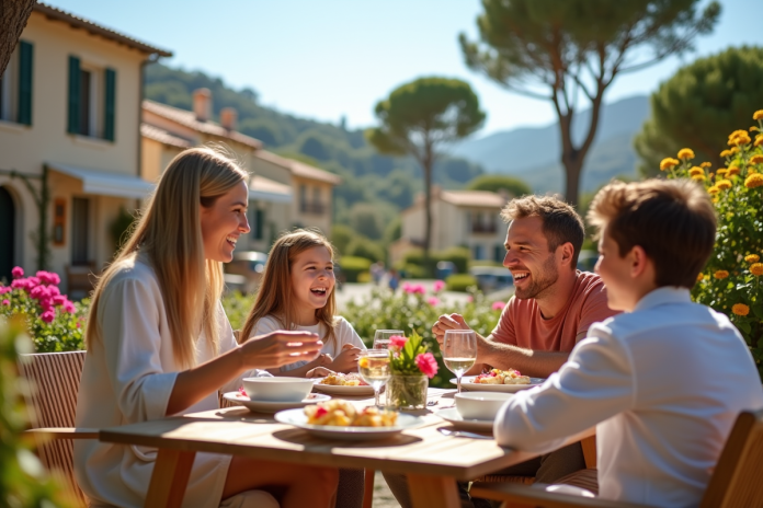 Famille profitant du petit déjeuner en terrasse ensoleillée à Le GrauduRoi