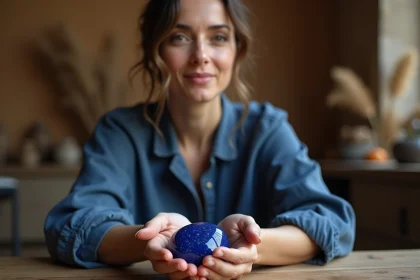 Femme tenant une pierre bleue lapis-lazuli dans ses paumes ouvertes, symbolisant l'émotion et la contemplation intérieure