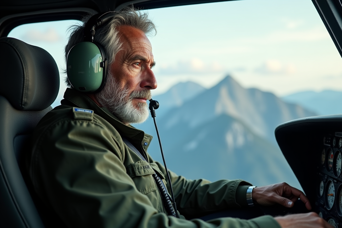 Pilote d helicoptere en cabine avec instruments et montagnes