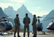 Comparaison des altitudes maximales des différents types d’hélicoptères Groupe de pilotes d helicoptere devant montagnes enneigees