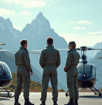 Comparaison des altitudes maximales des différents types d’hélicoptères Groupe de pilotes d helicoptere devant montagnes enneigees