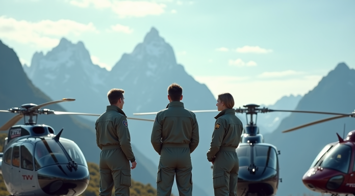 Groupe de pilotes d helicoptere devant montagnes enneigees