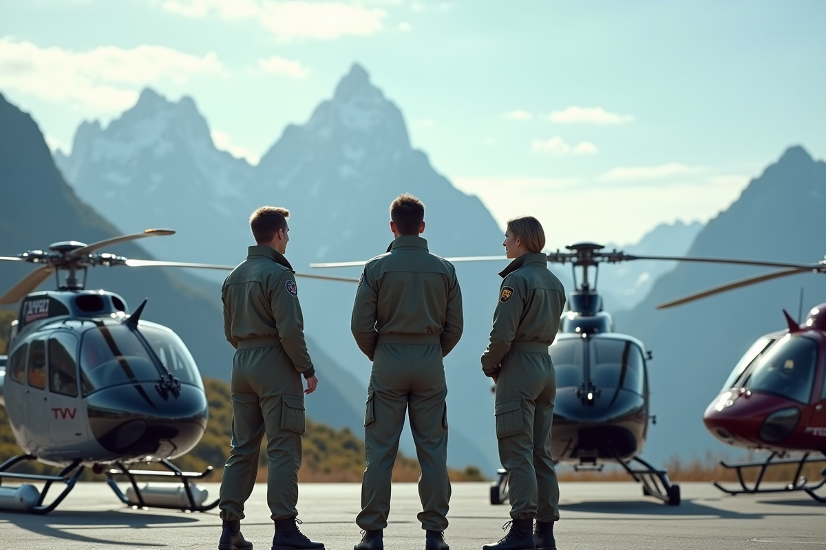 Groupe de pilotes d helicoptere devant montagnes enneigees