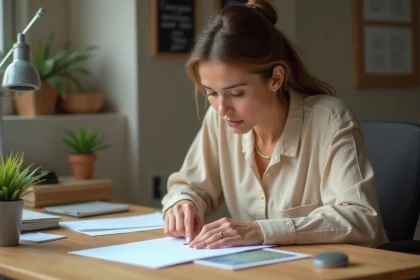 Femme collant un timbre dans le coin supérieur droit d'une enveloppe blanche sur un bureau en bois