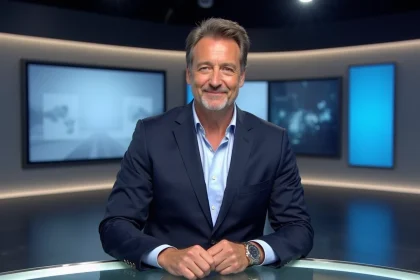 Présentateur de télévision français en costume marine assis derrière un bureau de plateau TV moderne et professionnel