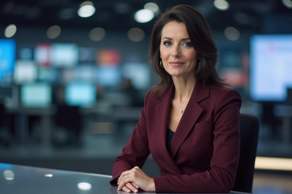 Présentatrice journaliste sur un plateau de télévision avec décor de rédaction et écrans d'information en arrière-plan