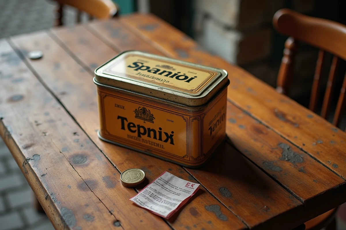 Seau de tabac 1kg posé sur une table en bois avec des pièces en euros et un reçu, illustration du prix en Espagne
