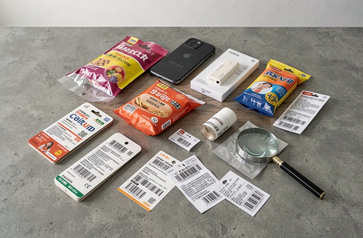 Ensemble de produits consommateurs avec codes-barres de différents pays illustrant la complexité de l'origine des produits