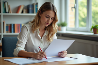 Professeure concentrée corrige un essai ChatGPT en classe