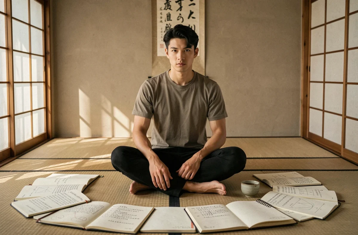 Homme concentré assis sur un sol en tatami entouré de carnets de stratégie, illustrant la psychologie analytique et le leadership d'un chef de brigade