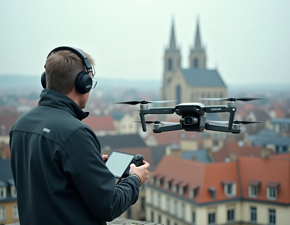 Opérateur de Pulch Productions pilotant un drone professionnel avec vue sur la cathédrale de Metz en arrière-plan