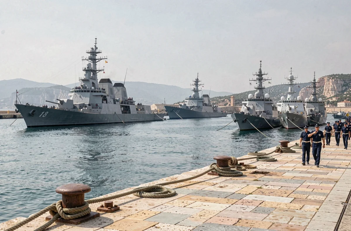 Vue panoramique de la rade de Toulon avec frégates de la Marine nationale amarrées aux quais historiques