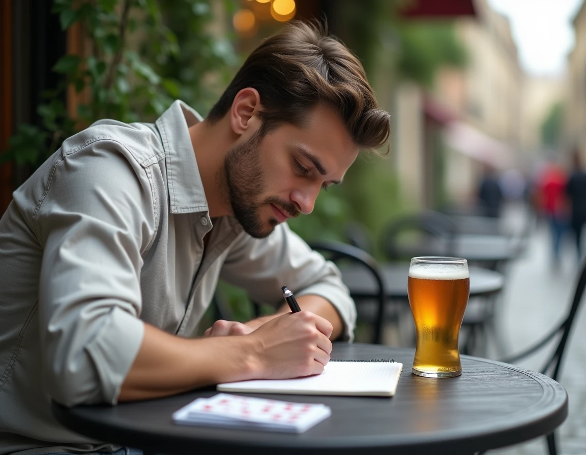 Homme en terrasse de café notant les règles adaptées du jeu Palmier pour un barathon entre amis