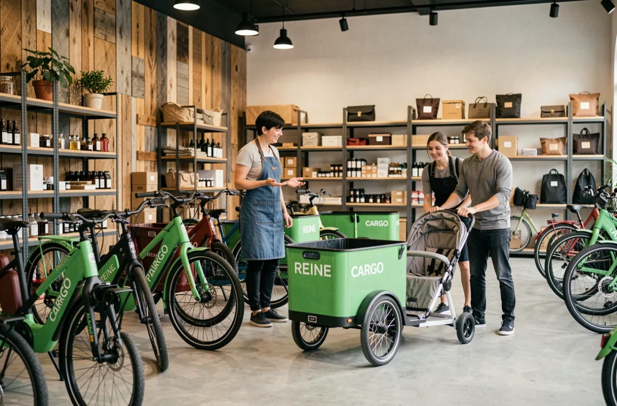 Showroom de Reine Cargo à Bordeaux présentant des vélos cargo électriques avec une vendeuse conseillant des clients