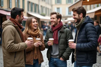 Groupe de jeunes adultes se rencontrant et discutant joyeusement sur une place de marché à Cholet