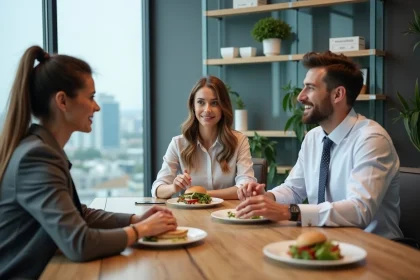 Trois collègues en réunion décontractée autour d'un déjeuner
