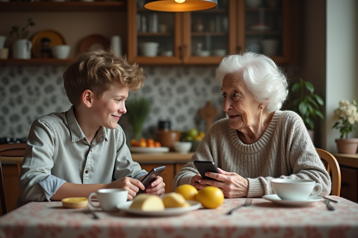 Une grand-mère et un adolescent à la table du petit déjeuner