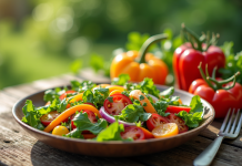 Assortiment de salades fraîches et légumes colorés en extérieur