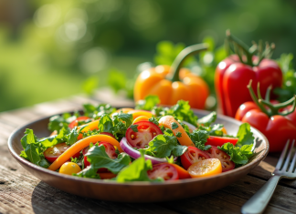 Assortiment de salades fraîches et légumes colorés en extérieur