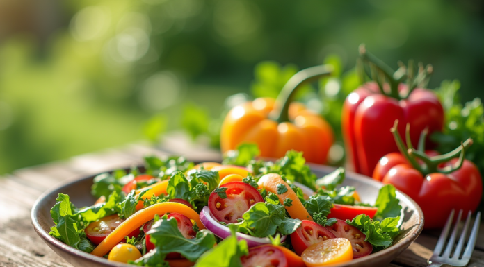 Assortiment de salades fraîches et légumes colorés en extérieur