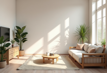 Salon moderne avec meubles en bois recyclé et murs en terre cuite