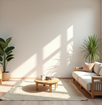 Salon moderne avec meubles en bois recyclé et murs en terre cuite