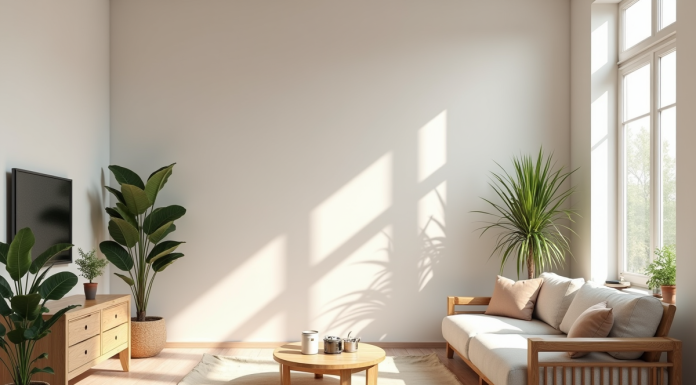 Salon moderne avec meubles en bois recyclé et murs en terre cuite