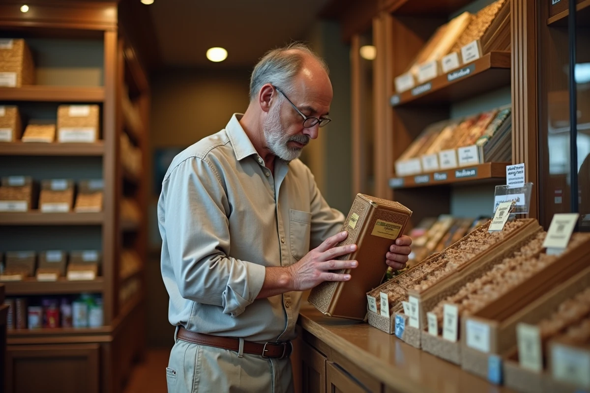 Client examinant un seau de tabac à rouler 1kg dans un estanco espagnol avec étiquettes de prix en euros visibles