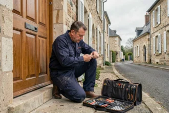 Serrurier professionnel en Loire-Atlantique intervenant sur une porte d'entrée en bois