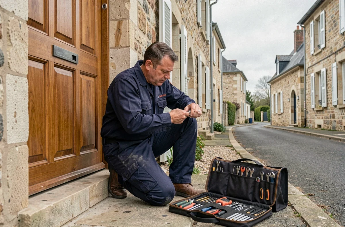 Serrurier professionnel en Loire-Atlantique intervenant sur une porte d'entrée en bois