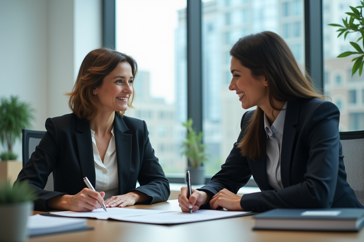 Deux femmes signant des documents dans un bureau moderne