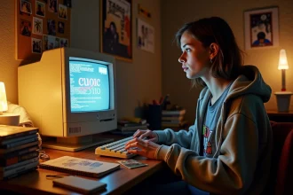 Jeune femme nostalgique devant un ordinateur des années 2000 affichant une interface de Skyblog colorée dans une chambre d'adolescent vintage
