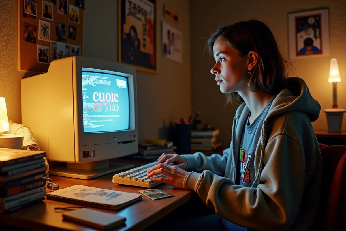 Jeune femme nostalgique devant un ordinateur des années 2000 affichant une interface de Skyblog colorée dans une chambre d'adolescent vintage
