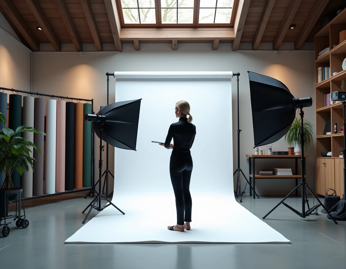Photographe de SNK Studio en Alsace préparant une séance photo polyvalente dans un studio professionnel équipé