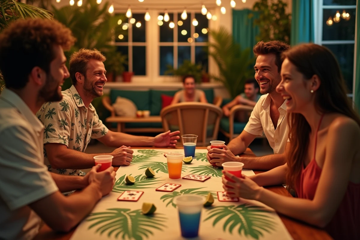 Groupe d'amis adultes jouant au jeu Palmier autour d'une table décorée sur le thème tropical avec verres et cartes de jeu à boire