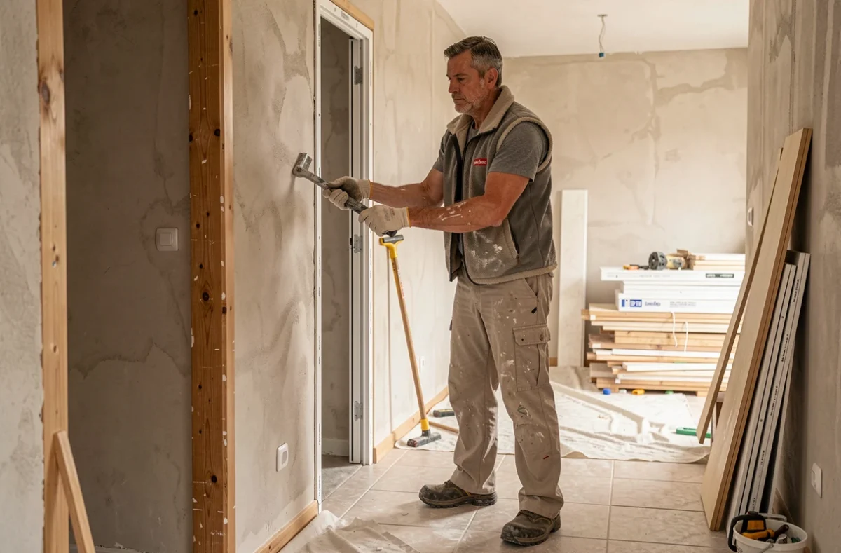 Artisan Stephan Renov remplaçant un cadre de porte dans un appartement en cours de rénovation